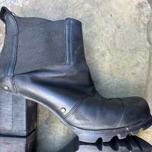 Sorel Ankle Boots Black‎ 6.5 Chunky Heel Brass Brads Elastic Funky Goth